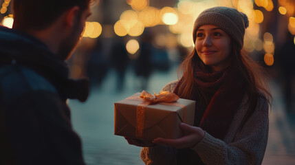 Wall Mural - a guy gives a gift to a girl. a man gives a gift to a woman. a gift for the holidays. A day of pleasant surprises.