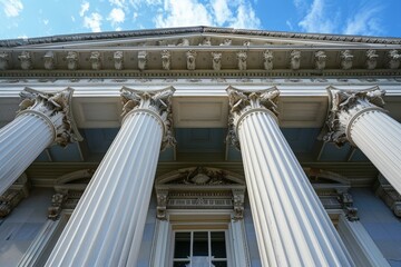 Poster - a grand building with detailed columns standing beneath a clear blue sky, incorporate intricate deta