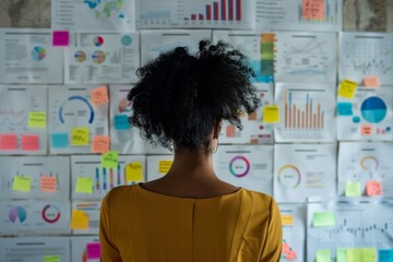Poster - a business woman closely inspects a wall full of colorful sticky notes in a modern office setting, i