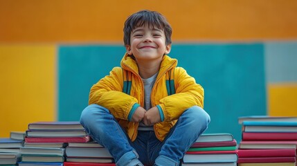 Boy in yellow jacket sitting on books, background color.