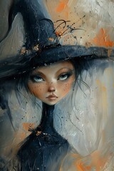 woman wearing black hat kitty cat kitten spell portrait young witch girl gaze downcast scarecrow cloning color illustration halloween