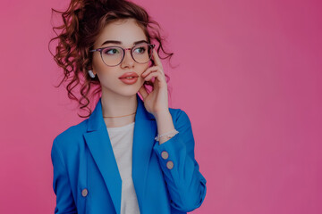 Busy modern pretty woman with ringlets wears glasses and blue jacket stands on isolated pink background, talking on smartphone and holds laptop, business woman