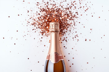 Wall Mural - Champagne bottle celebrating with falling rose gold glitter on a white background, perfect for a party invitation
