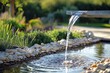 © Iftikhar alam - A water fountain surrounded by rocks in a garden, Incorporate water-saving features like rainwater harvesting systems or greywater recycling