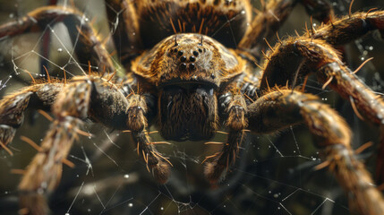 Close-up illustration of a spider's complex web and intricate legs, capturing fine details,