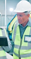 Aufkleber - Mature, people and discussion with tablet or machine for design review, inspection results and compliance reports. Managers, robotics facility and online for technical manual and system configuration