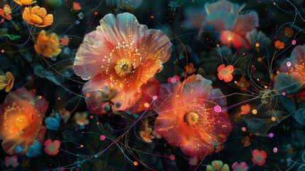 Wall Mural - Futuristic Floral Matrix: A matrix of floral shapes integrated with digital lines and nodes, using bright colors to blend nature and technology.