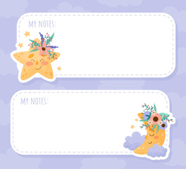 Sticker - Note Card with Cute Moon and Star with Flowers and Pretty Face Vector Template