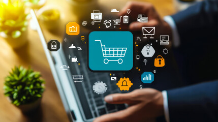 Poster - Digital B2B Marketing Strategy: Business Professional Using Laptop for Institutional e-Commerce and Supply Chain Management