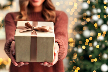 hand of woman offer gift box to lovers on christmas tree light background. have a copy space for tex