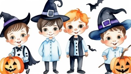 watercolor illustration of a Halloween witch and wizard, pumpkins and ghosts in a cute cartoon style on a white background,