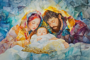 Watercolor painting of the holy family adoring their newborn son, baby jesus, in a manger