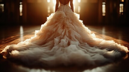 An elegant bridal gown with a voluminous ruffled train captured in a well-lit ballroom, highlighting the grandeur and elegance of wedding attire in a classic setting.