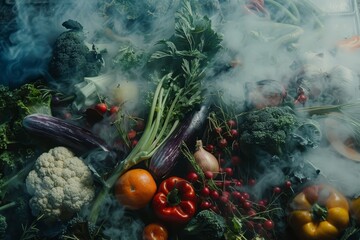 Canvas Print - A pile of assorted vegetables emitting smoke, Infusing dishes with layers of complex flavors