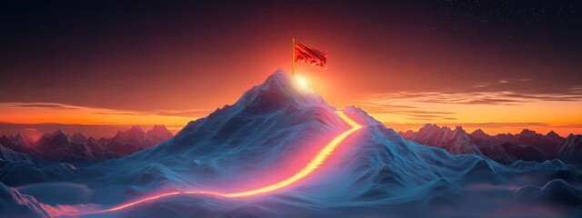 Concept of step-by-step achievement of goals. Glowing path leading to success and achievements concept with flag on peak of mountain. Ad poster for business the presentation.