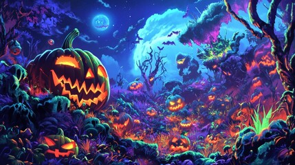 A big creepy pumpkin celebrates Halloween night in the forest, wishing you a Happy Helloween