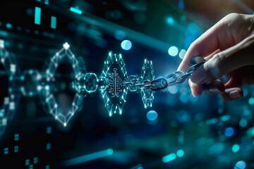 Poster - A person holds a chain in front of a digital backdrop, Integrating AI and blockchain into financial services