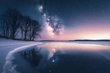 Wall Mural - A serene and peaceful scene of a lake with a sky full of stars