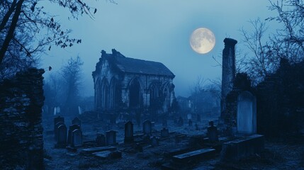 Canvas Print - In a cold, foggy graveyard, ancient tombstones and crypts are shrouded by fog, illuminated by the pale moon light, creating an eerie and ghostly atmosphere.