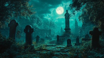 Wall Mural - This ghostly and eerie cemetery is filled with crooked tombstones and leafless trees illuminated by a full moon's pale light.