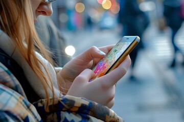 Sticker - A woman is standing on the street, engaged with her phone, Interpret the concept of mobile marketing and its importance in reaching on-the-go consumers