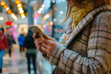 Poster - A woman standing in a busy shopping mall, focused on her phone, Interpret the concept of mobile marketing and its importance in reaching on-the-go consumers