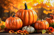 © Екатерина Абатурова - Close-up of pumpkins standing surrounded by colorful autumn leaves and flowers on a dark table symbolizing autumn autumn menu Thanksgiving holiday and harvest season