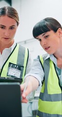 Aufkleber - Discussion, tablet and women in collaboration, warehouse and programming of mechanical engineer with app. Planning, laptop and teamwork in factory, people and reading of information and online