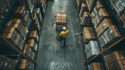 High angle view of a warehouse employee moving goods