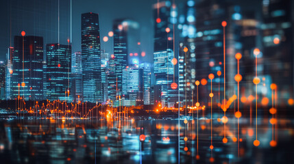 Smart digital city with connection network that is at the cutting edge of innovation in technology and business with bright, modern skyscrapers. Backgrounds for technology and charts and graphs

