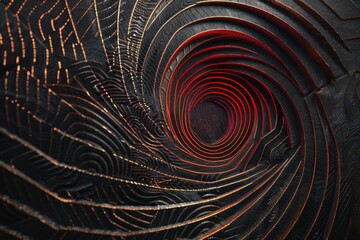 Poster - A detailed spiral pattern in black and red colors against a black backdrop, Intricate geometric patterns swirling in the void of black