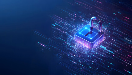 Fototapete - A high-tech banner design with text data encryption with a digital padlock, symbolizing the robust integration of encryption in cutting-edge data security. binary code design