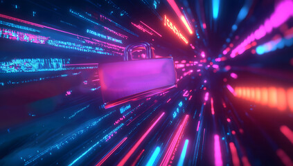 Fototapete - A high-tech banner design with text data encryption with a digital padlock, symbolizing the robust integration of encryption in cutting-edge data security. binary code design