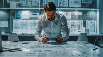 Poster - Professional Engineer Analyzing Technical Data on Digital Tablet Surrounded by Plans and Drawings