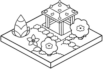 Coloring page isometric Japanese garden scene cute and simple flowers vector illustration