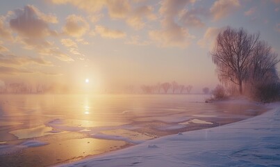 Wall Mural - Winter sunrise over a frozen lake with mist and frosty air