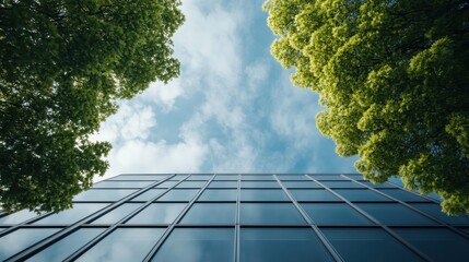 A modern building facade is framed symmetrically by lush green tree leaves under a blue sky with soft white clouds, merging urban architecture with nature's beauty.