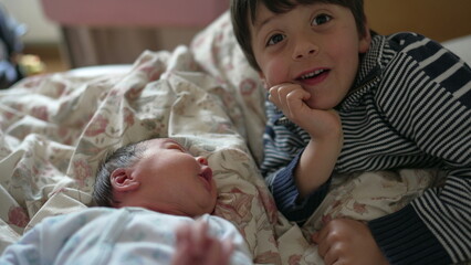 Older brother gazing affectionately at newborn baby, touching gently, bonding moment, indoor bedroom setting, expressions of love and curiosity, family connection, new sibling relationship