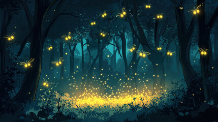 A magical dark forest illuminated by swarms of bioluminescent insects, flickering like stars among the ancient trees, creating an enchanting atmosphere, bright and colorful cartoon illustration