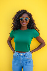 Smiling woman wearing sunglasses and green crop top posing against yellow background. Outdoor fashion portrait. Summer style concept