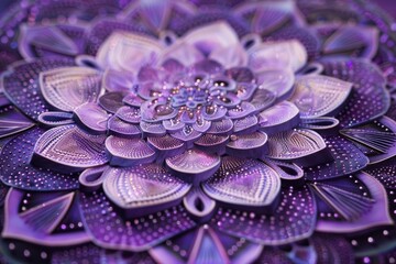 Wall Mural - Detailed shot of a purple flower resting on a table, Intricate purple mandala designs expanding outwards