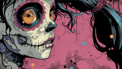 Close-up of a Day of the Dead-inspired skull with vibrant eye makeup in a surreal, colorful halloween  illustration