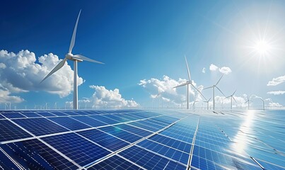 Wind farm and solar panels under a beautiful blue sky with a few clouds. Renewable energy generation for environmental conservation concept