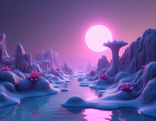 Wall Mural - an alien landscape with unusual plants and a purple sky create with ai