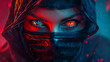 © Papon - Striking portrait of a powerful cyber ninja Female, dark fantasy art style, vibrant highlights
