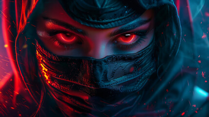 Striking portrait of a powerful cyber ninja Female, dark fantasy art style, vibrant highlights