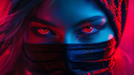 Striking portrait of a powerful cyber ninja Female, dark fantasy art style, vibrant highlights