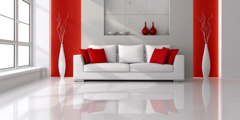 Sticker - of white and red interior design of living room with sofa and vases