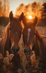 Two horses standing next to each other in a field with the sun setting in the background