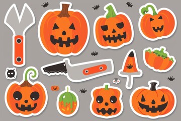 Collection of Halloween-themed pumpkin stickers with tools on a gray background